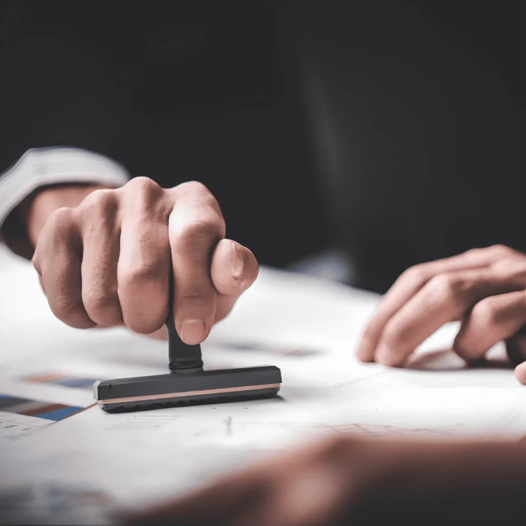 Professional legal document approval and verification process with official stamp